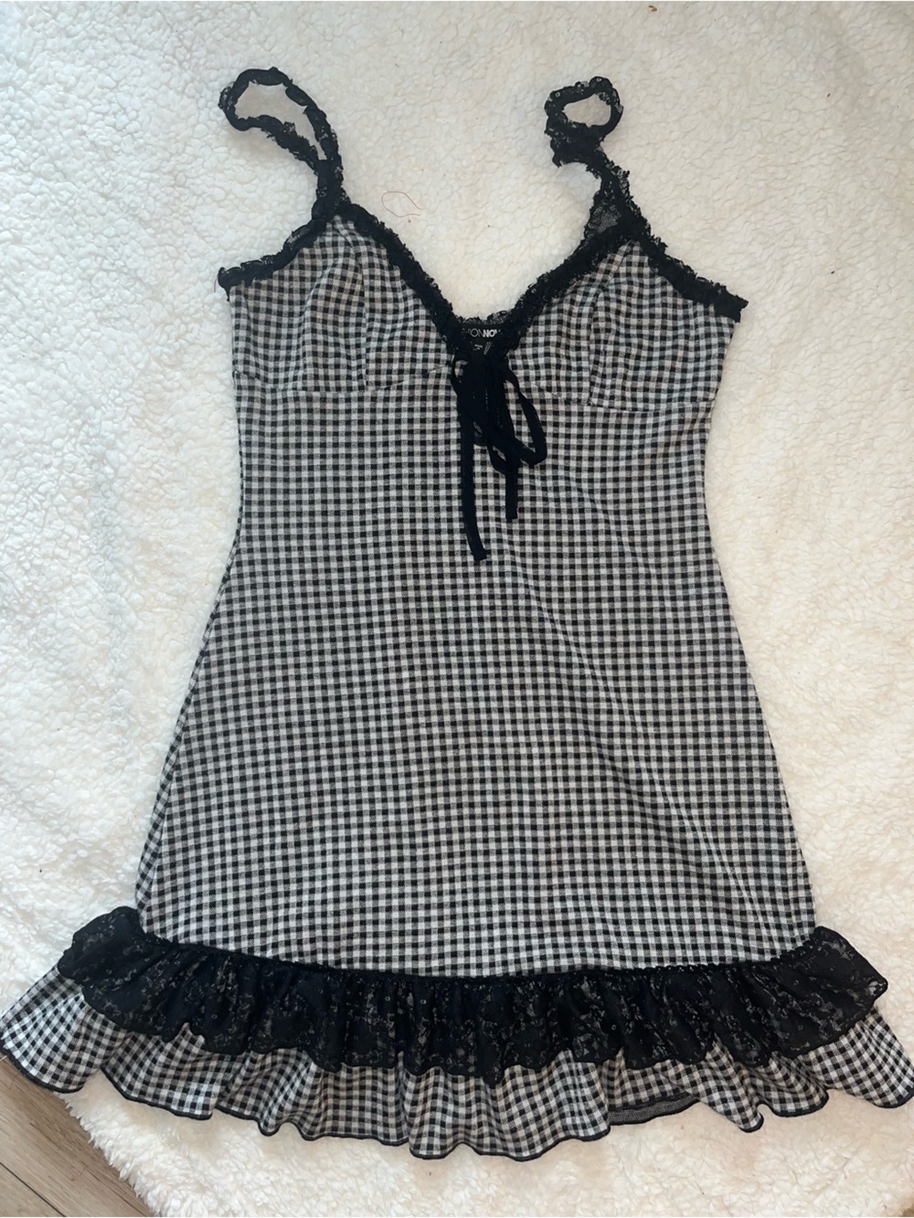 Fashion Nova Black & White Gingham Lace-Trim Slip Dress